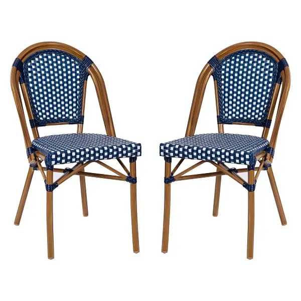 Flash Furniture Bordeaux Indoor/Outdoor Commercial French Bistro Stacking Chairs, Navy/White, Bamboo Print, Set 2, 2-SDA-A...