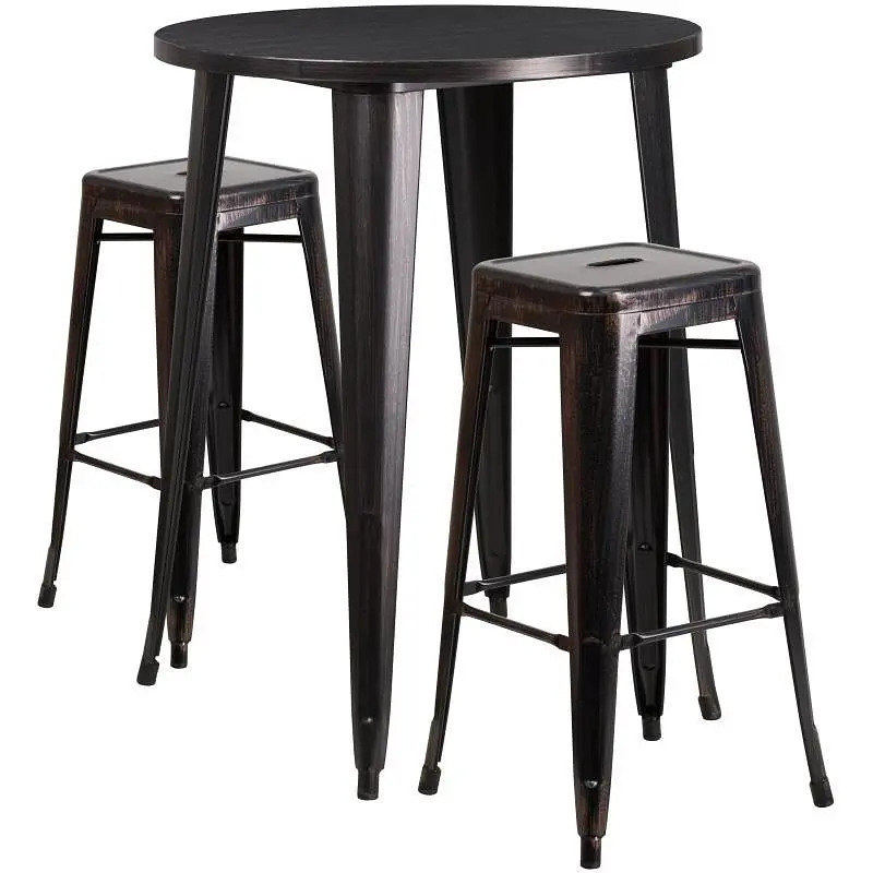 Flash Furniture Boyd Commercial Grade 30" Round Midnight Black-Antique Gold Metal Bar Table Set 2 Square Seat Backles...