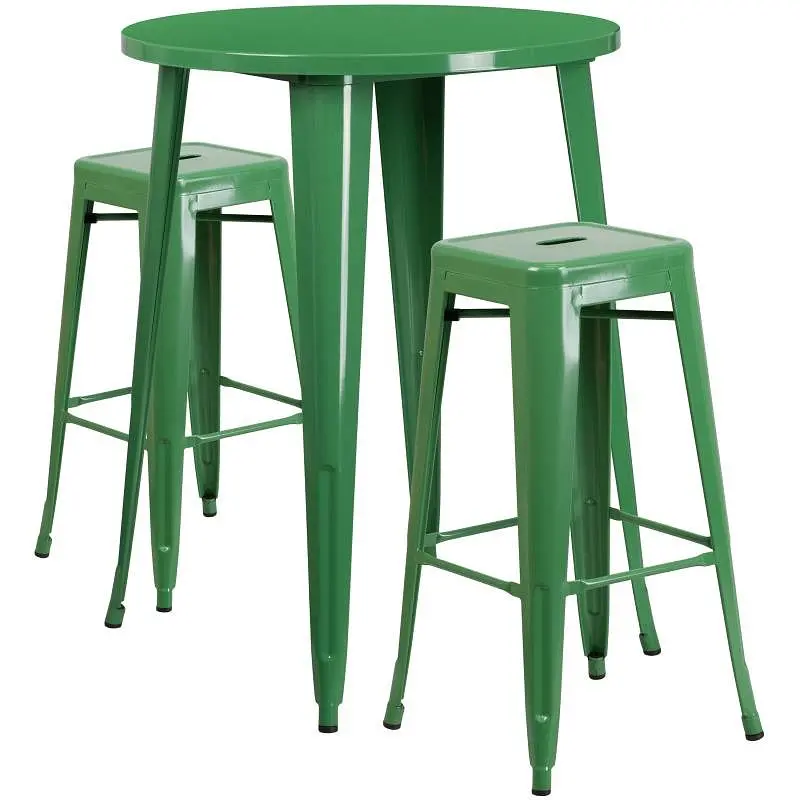 Flash Furniture Boyd Commercial Grade 30" Round Green Metal Indoor-Outdoor Bar Table Set 2 Square Seat Backless Stool...