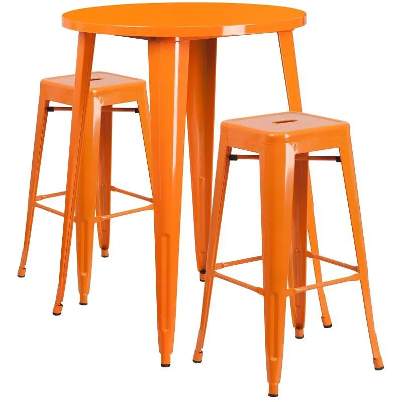 Flash Furniture Boyd Commercial Grade 30" Round Bright Orange Metal Indoor-Outdoor Bar Table Set 2 Square Seat Backle...