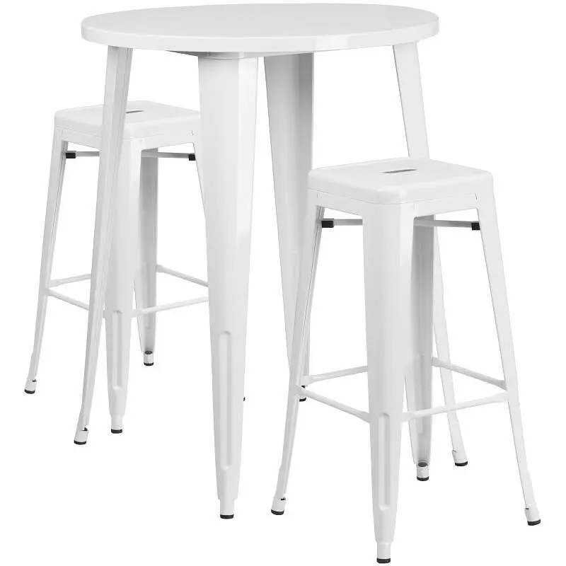 Flash Furniture Boyd Commercial Grade 30" Round White Metal Indoor-Outdoor Bar Table Set 2 Square Seat Backless Stool...