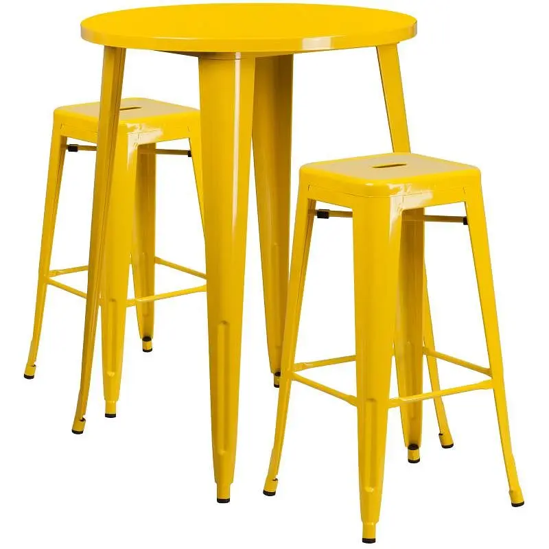 Flash Furniture Boyd Commercial Grade 30" Round Yellow Metal Indoor-Outdoor Bar Table Set 2 Square Seat Backless Stoo...