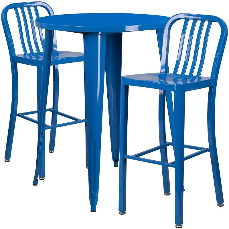 Flash Furniture Brad Commercial Grade 30" Round Navy Blue Metal Indoor-Outdoor Bar Table Set 2 Vertical Slat Back Sto...