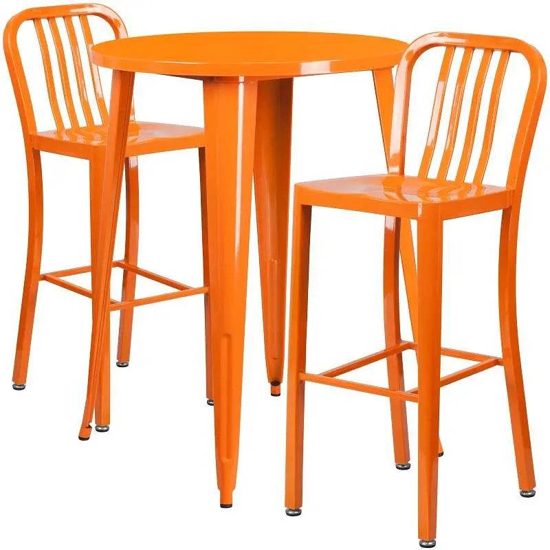 Flash Furniture Brad Commercial Grade 30" Round Hi-Vis Orange Metal Indoor-Outdoor Bar Table Set 2 Vertical Slat Back...
