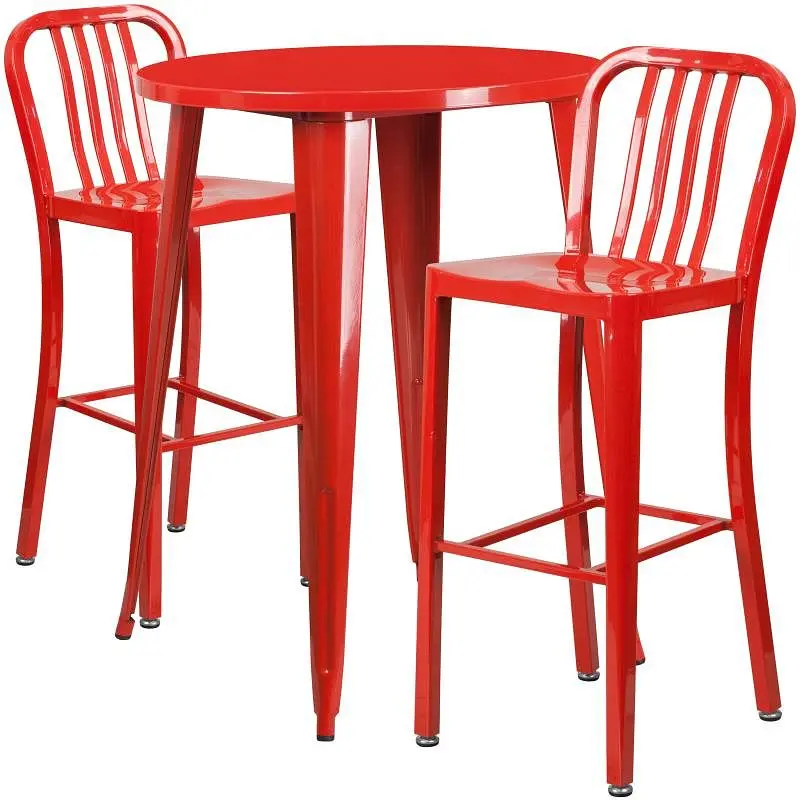 Flash Furniture Brad Commercial Grade 30" Round Red Metal Indoor-Outdoor Bar Table Set 2 Vertical Slat Back Stools, C...