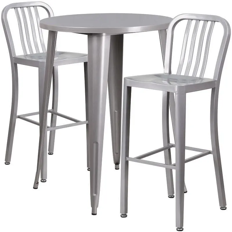 Flash Furniture Brad Commercial Grade 30" Round Polished Silver Metal Indoor-Outdoor Bar Table Set 2 Vertical Slat Ba...