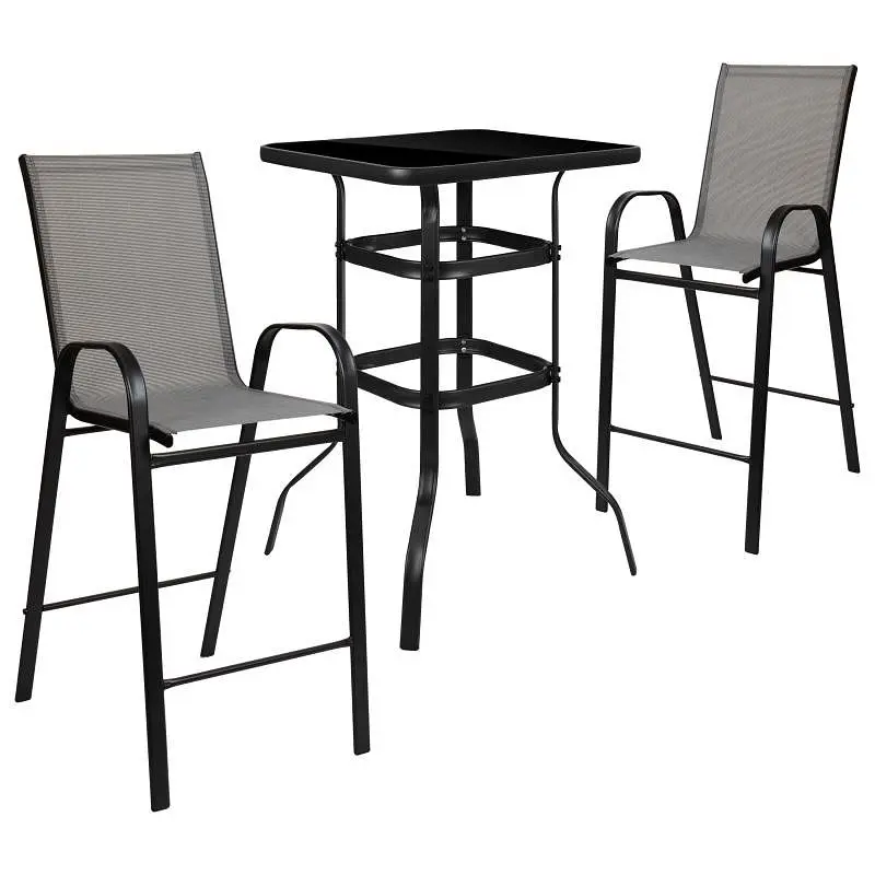 Flash Furniture Brazos Outdoor Dining Set - 2-Person Bistro Set - Brazos Outdoor Glass Bar Table Gunmetal All-Weather Pati...