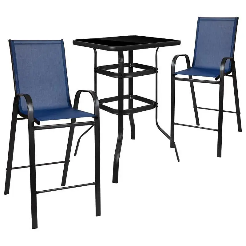 Flash Furniture Brazos Outdoor Dining Set - 2-Person Bistro Set - Brazos Outdoor Glass Bar Table Navy All-Weather Patio St...