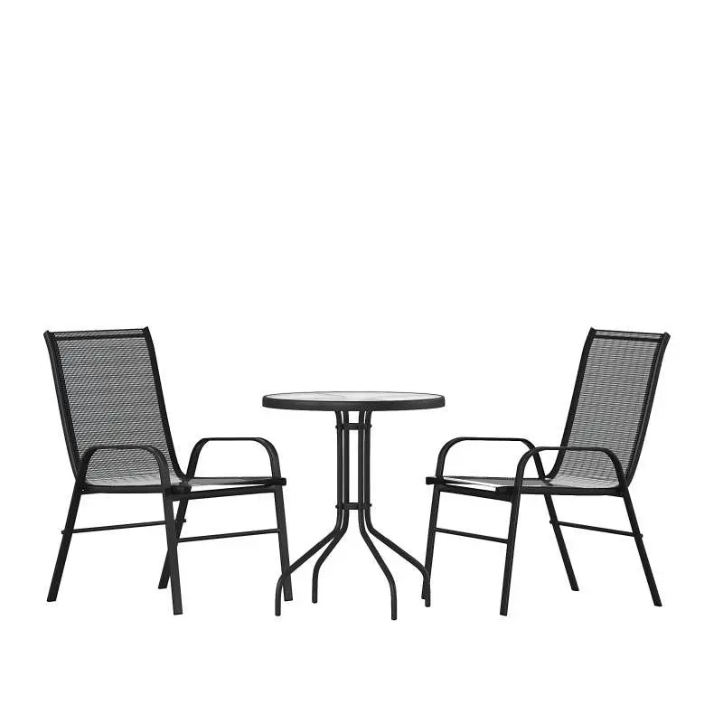 Flash Furniture Brazos 3 Piece Outdoor Patio Dining Set - 23.75" Round Tempered Glass Patio Table, 2 Midnight Black F...