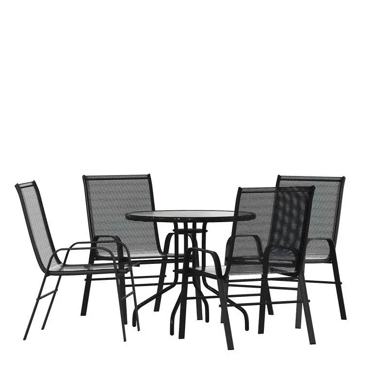 Flash Furniture Brazos 5 Piece Outdoor Patio Dining Set - 31.5" Round Tempered Glass Patio Table, 4 Carbon Black Flex...