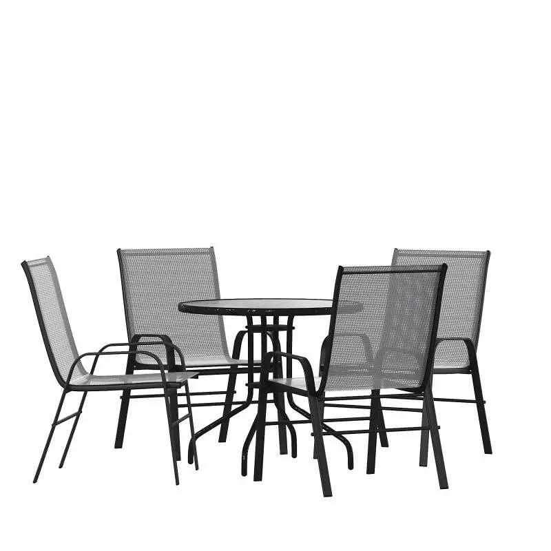 Flash Furniture Brazos 5 Piece Outdoor Patio Dining Set - 31.5" Round Tempered Glass Patio Table, 4 Gray Flex Ease St...