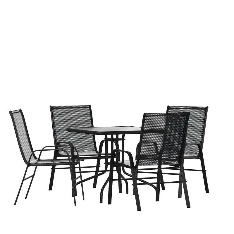 Flash Furniture Brazos 5 Piece Outdoor Patio Dining Set - 31.5" Square Tempered Glass Patio Table, 4 Black Flex Ease ...