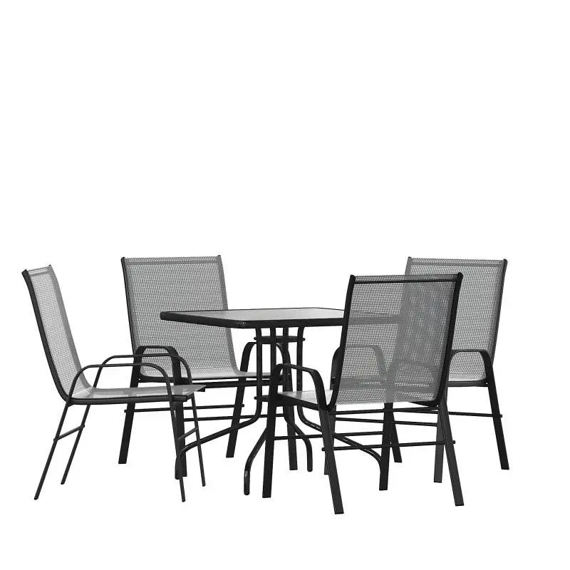 Flash Furniture Brazos 5 Piece Outdoor Patio Dining Set - 31.5" Square Tempered Glass Patio Table, 4 Grey Flex Ease S...