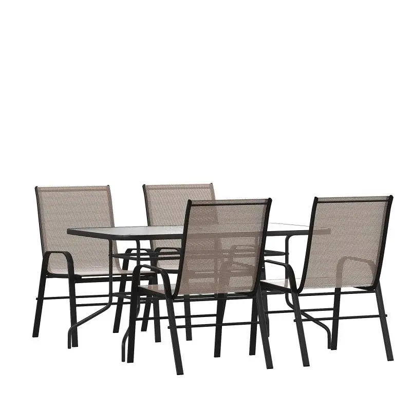 Flash Furniture Brazos 5 Piece Outdoor Patio Dining Set, 55" Tempered Glass Table Umbrella Hole, 4 Brown Flex Ease Ch...