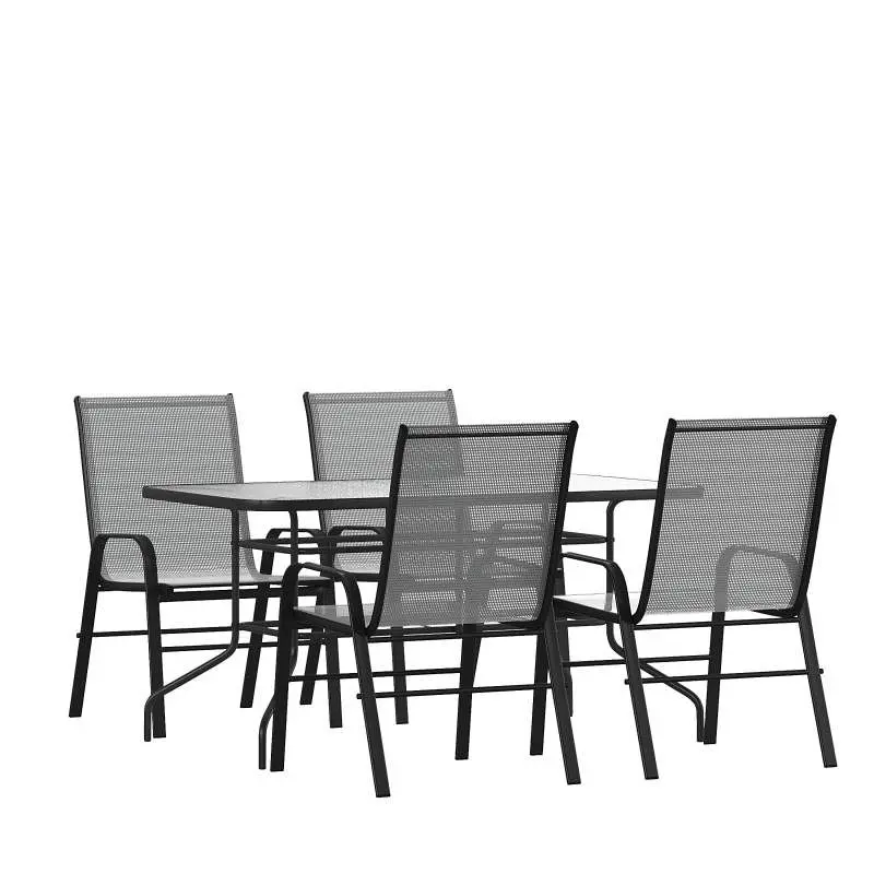 Flash Furniture Brazos 5 Piece Outdoor Patio Dining Set, 55" Tempered Glass Table Umbrella Hole, 4 Gunmetal Flex Ease...
