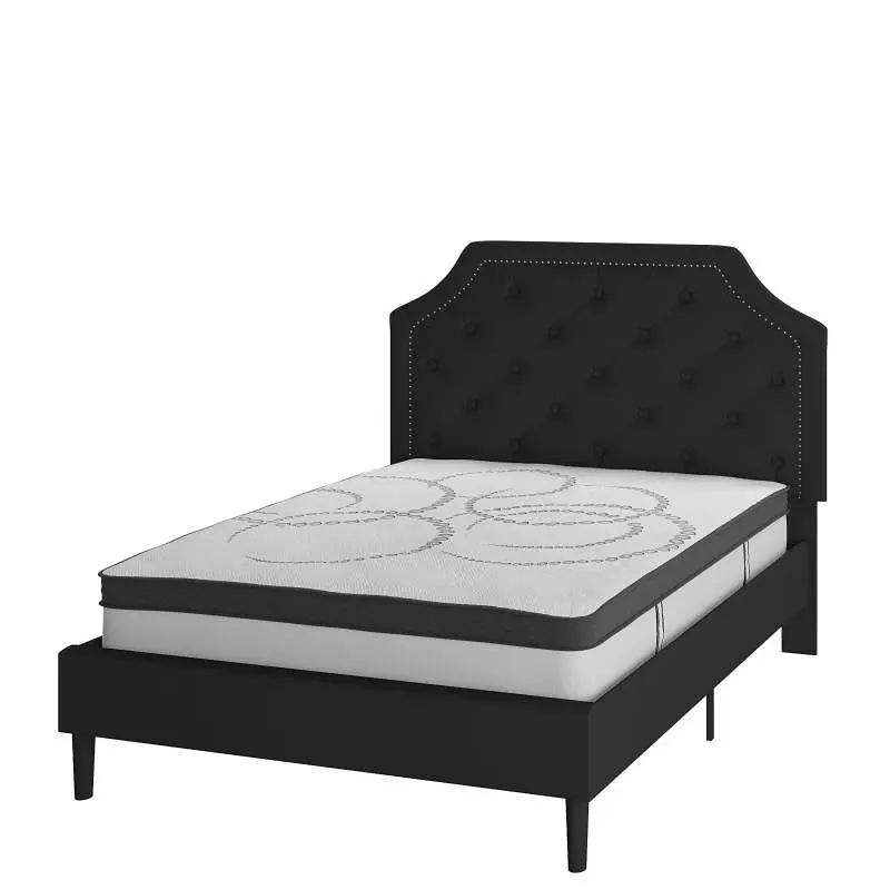 Flash Furniture Brighton Full Size Tufted Upholstered Platform Bed Black Fabric 10 Inch CertiPUR-US Certified Pocket Sprin...