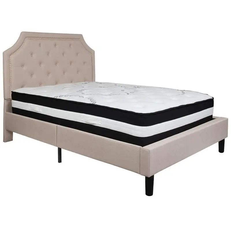 Flash Furniture Brighton Full Size Tufted Upholstered Platform Bed Beige Fabric Pocket Spring Mattress, SL-BM-2-GG