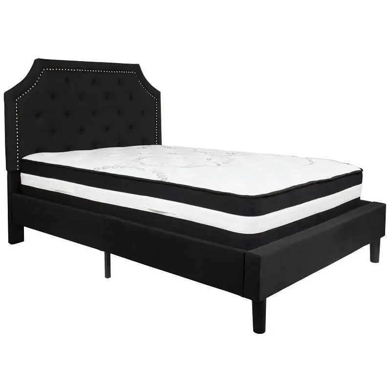 Flash Furniture Brighton Full Size Tufted Upholstered Platform Bed Black Fabric Pocket Spring Mattress, SL-BM-6-GG