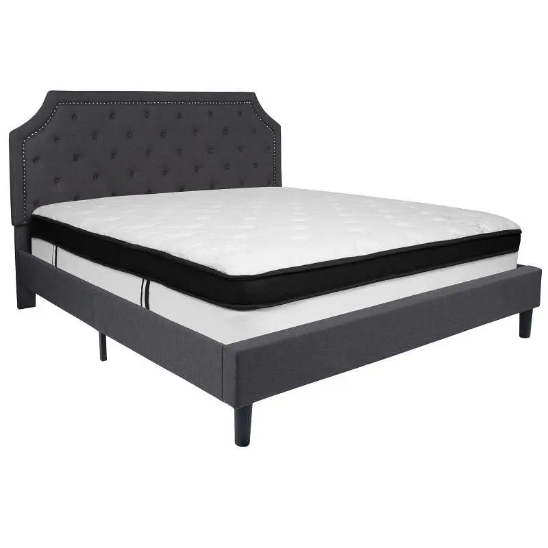 Flash Furniture Brighton King Size Tufted Upholstered Platform Bed Dark Gunmetal Fabric Memory Foam Mattress, SL-BMF-16-GG