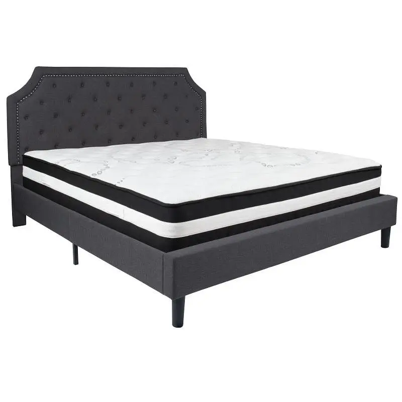 Flash Furniture Brighton King Size Tufted Upholstered Platform Bed Dark Gray Fabric Pocket Spring Mattress, SL-BM-16-GG