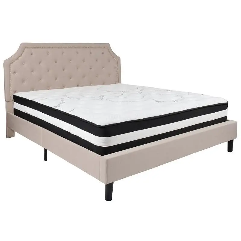 Flash Furniture Brighton King Size Tufted Upholstered Platform Bed Beige Fabric Pocket Spring Mattress, SL-BM-4-GG