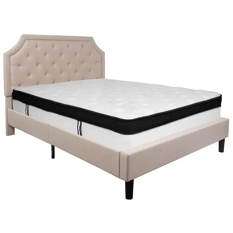 Flash Furniture Brighton Queen Size Tufted Upholstered Platform Bed Beige Fabric Memory Foam Mattress, SL-BMF-3-GG