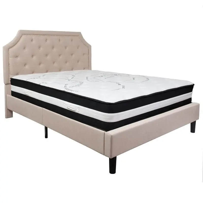 Flash Furniture Brighton Queen Size Tufted Upholstered Platform Bed Beige Fabric Pocket Spring Mattress, SL-BM-3-GG