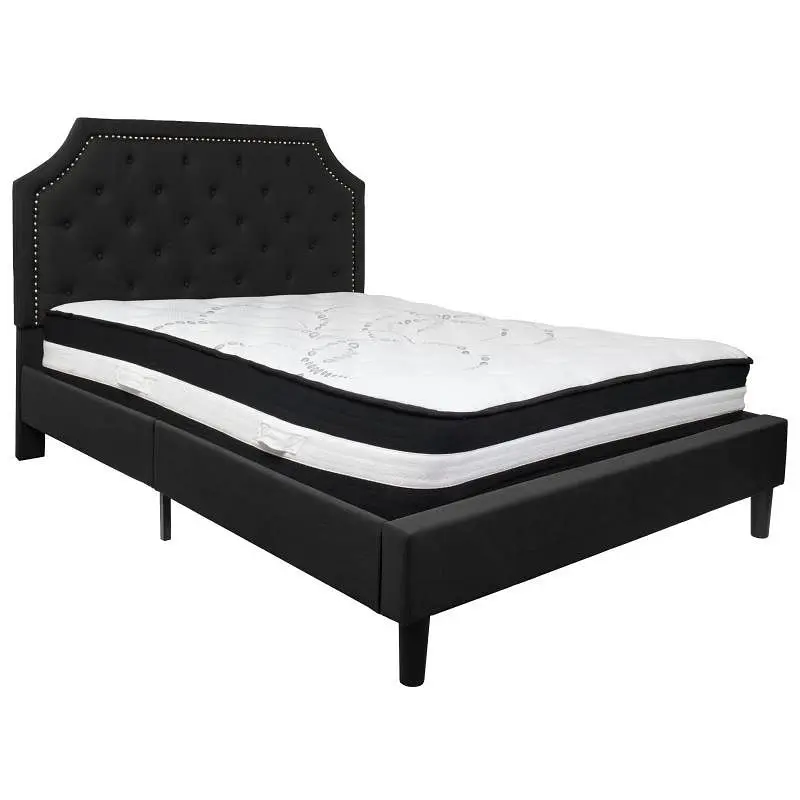Flash Furniture Brighton Queen Size Tufted Upholstered Platform Bed Jet Black Fabric Pocket Spring Mattress, SL-BM-7-GG