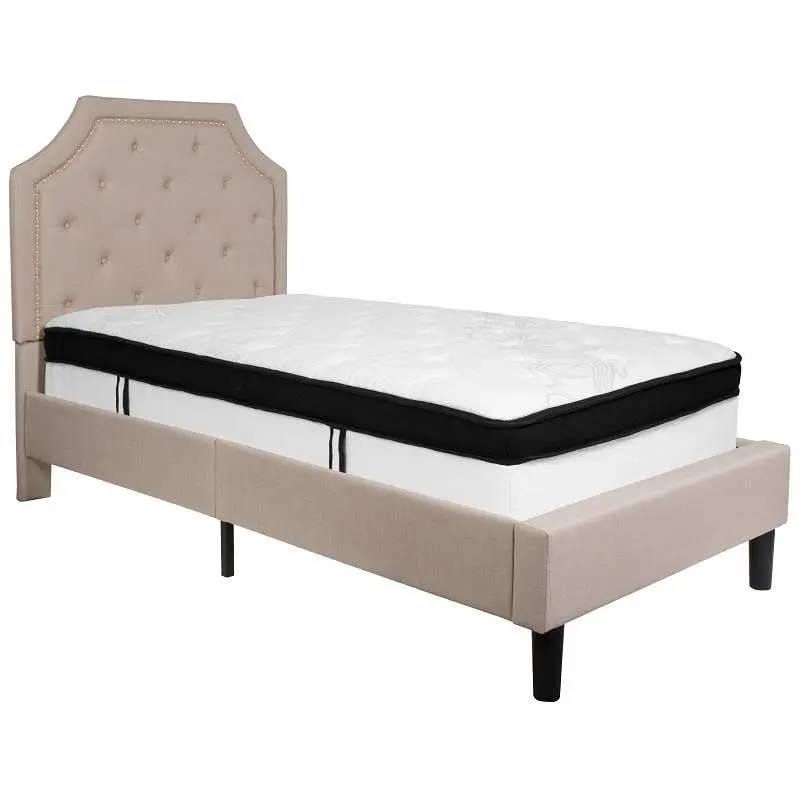 Flash Furniture Brighton Twin Size Tufted Upholstered Platform Bed Beige Fabric Memory Foam Mattress, SL-BMF-1-GG