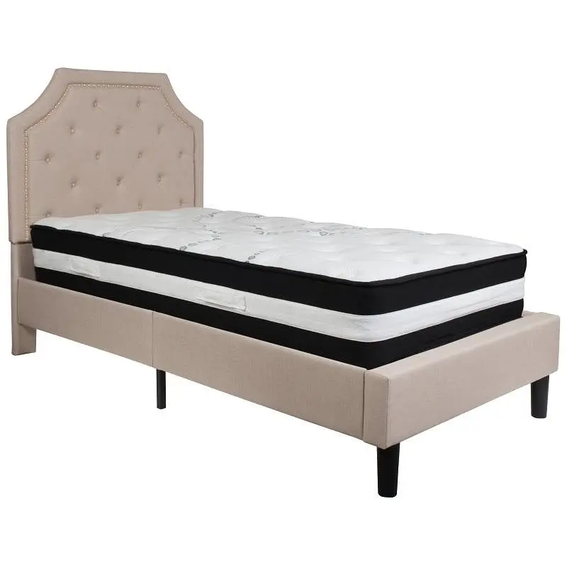 Flash Furniture Brighton Twin Size Tufted Upholstered Platform Bed Beige Fabric Pocket Spring Mattress, SL-BM-1-GG