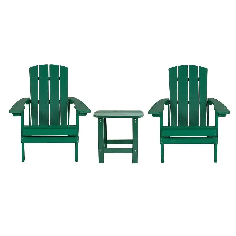 Flash Furniture 2 Pack Charlestown All-Weather Poly Resin Wood Adirondack Chairs Side Table Green, JJ-C14501-2-T14001-GRN-GG