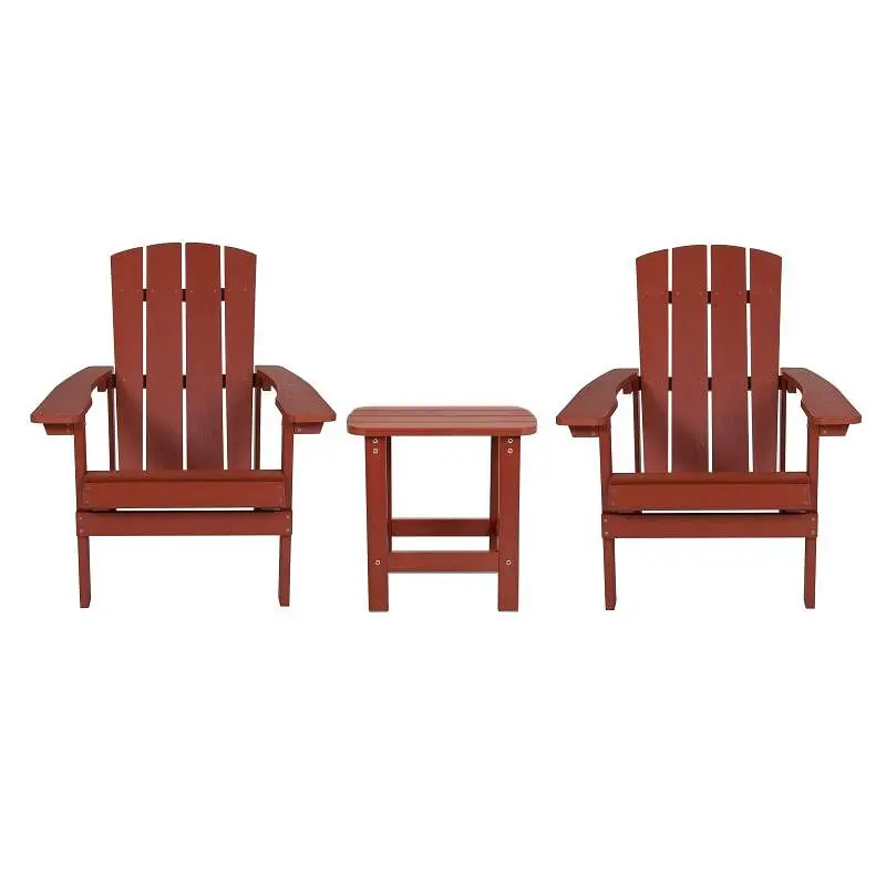 Flash Furniture 2 Pack Charlestown All-Weather Poly Resin Wood Adirondack Chairs Side Table Fire Red, JJ-C14501-2-T14001-R...