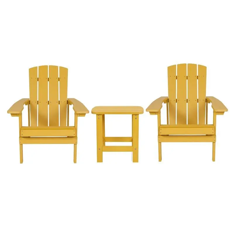 Flash Furniture 2 Pack Charlestown All-Weather Poly Resin Wood Adirondack Chairs Side Table Yellow, JJ-C14501-2-T14001-YLW-GG