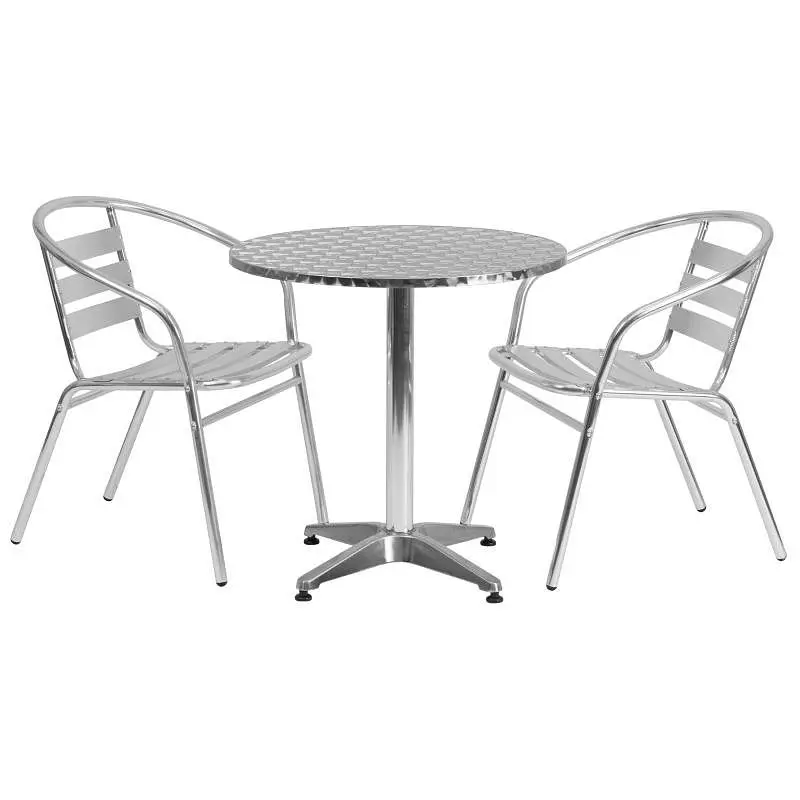 Flash Optimized Furniture Lila 27.5'' Round Aluminum Indoor-Outdoor Table Set 2 Slat Back Chairs, TLH-ALUM-28RD-...