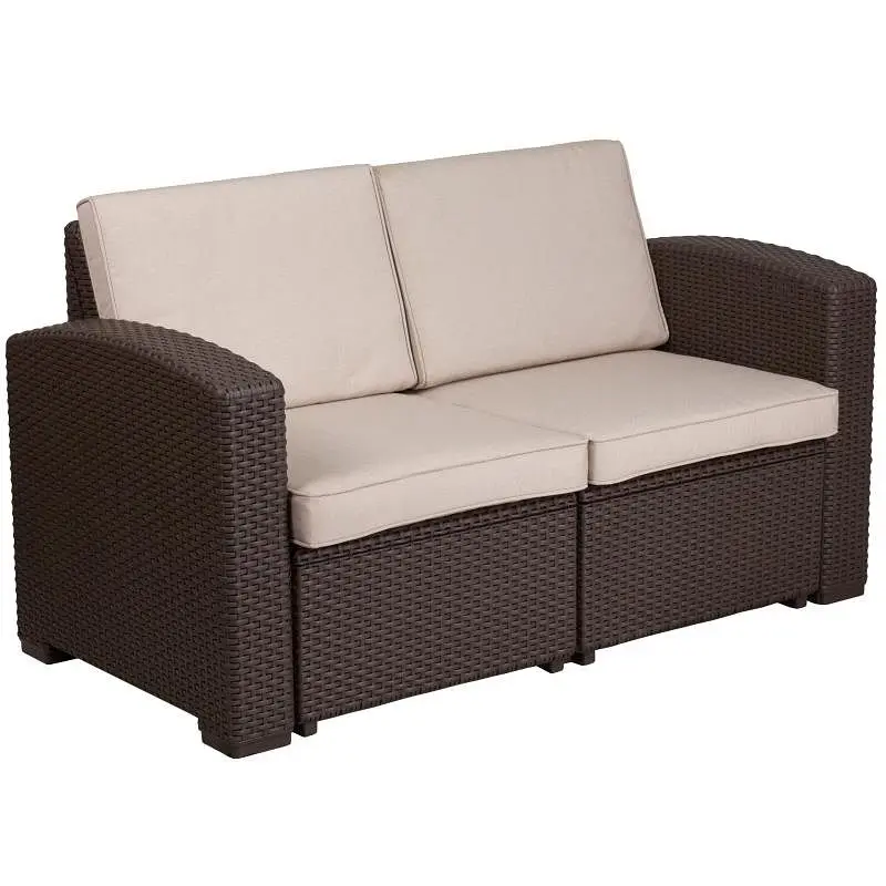 Flash Oversized Furniture Seneca Chocolate Brown Faux Rattan Loveseat All-Weather Beige Cushions, DAD-SF1-2-GG Flash Furni...