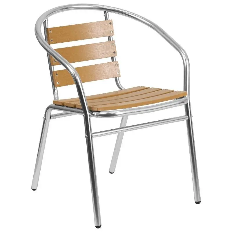 Flash Performance Furniture Lila Commercial Aluminum Indoor-Outdoor Restaurant Stack Chair Triple Slat Faux Teak Back, TLH...