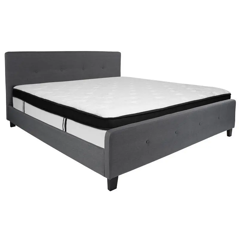 Flash Performance Furniture Tribeca King Size Tufted Upholstered Platform Bed Dark Silver Gray Fabric Memory Foam Mattress...