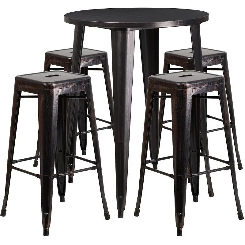 Flash Powerful Furniture Coby Commercial Grade 30" Round Jet Black-Antique Gold Metal Bar Table Set 4 Square Seat Bac...