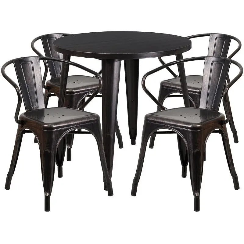 Flash Precision-Engineered Furniture Cory Commercial Grade 30" Round Black-Antique Gold Metal Indoor-Outdoor Table Se...