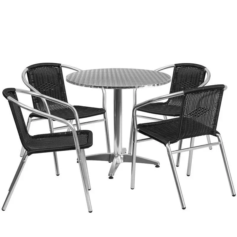 Flash Precision-Engineered Furniture Lila 31.5'' Round Aluminum Indoor-Outdoor Table Set 4 Black Rattan Chairs, ...