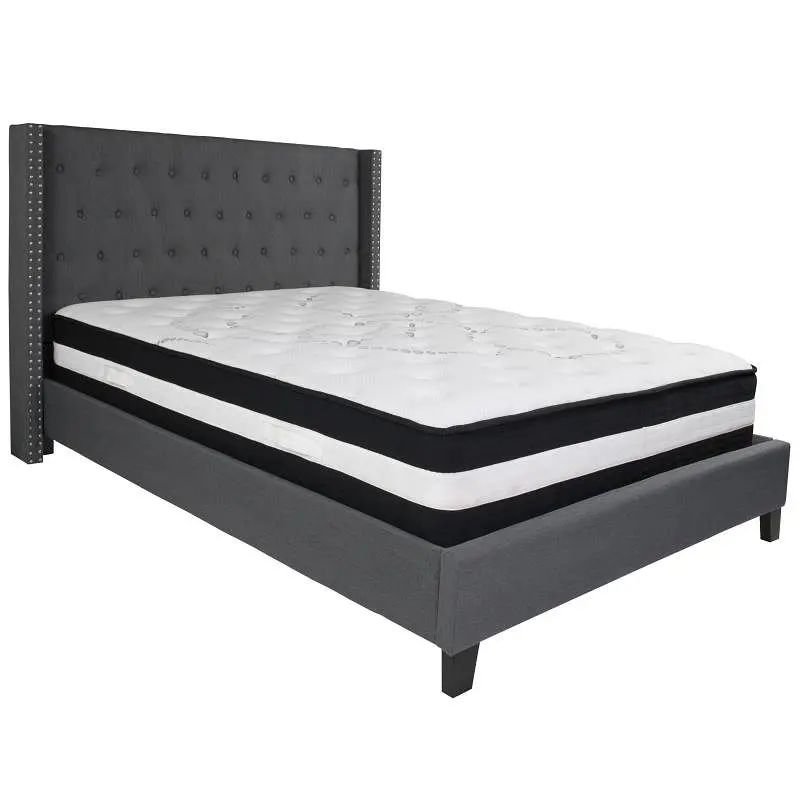 Flash Precision-Engineered Furniture Riverdale Queen Size Tufted Upholstered Platform Bed Dark Gunmetal Fabric Pocket Spri...