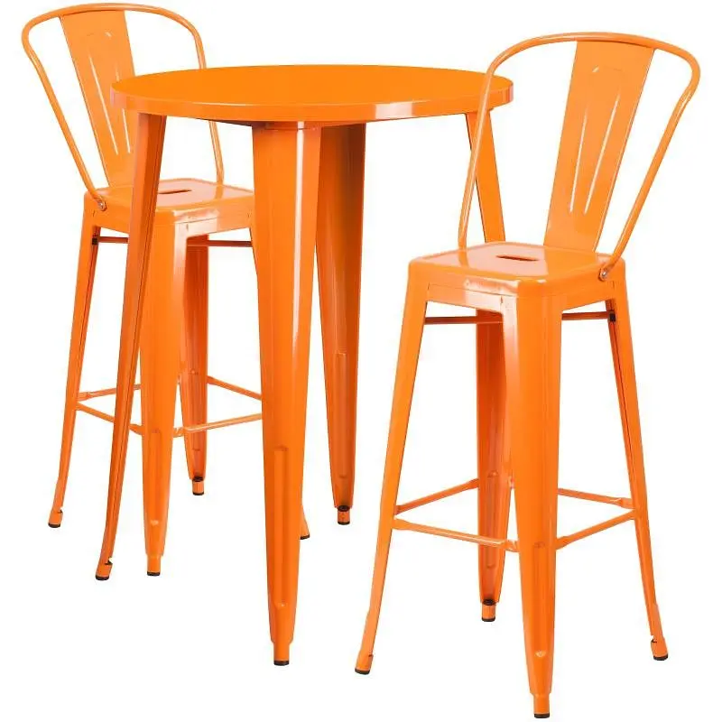 Flash Premium Furniture Caron Commercial Grade 30" Round Hi-Vis Orange Metal Indoor-Outdoor Bar Table Set 2 Cafe Stoo...