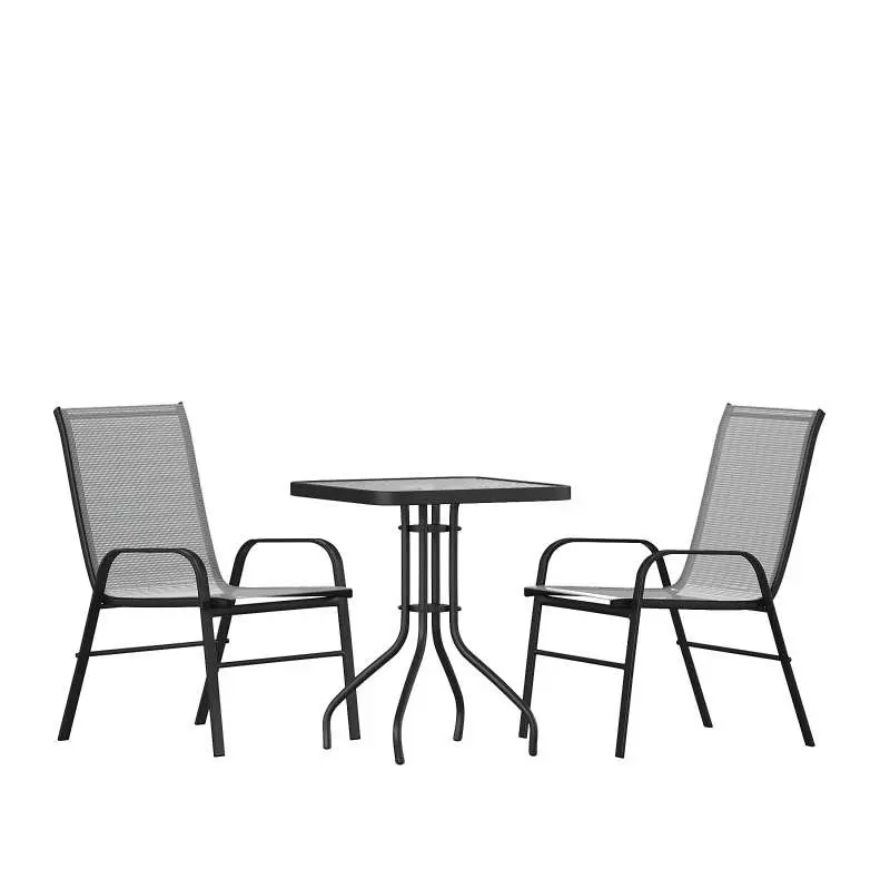 Flash Professional-Grade Furniture Brazos 3 Piece Outdoor Patio Dining Set - 23.5" Square Tempered Glass Patio Table,...