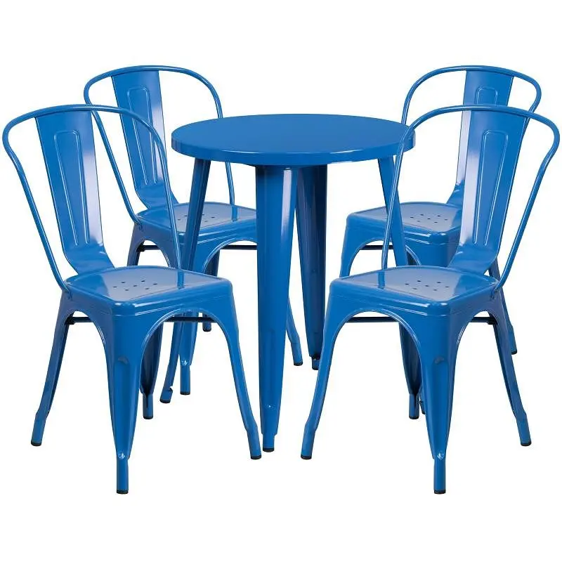 Flash Professional-Grade Furniture Chauncey Commercial Grade 24" Round Cobalt Metal Indoor-Outdoor Table Set 4 Cafe C...