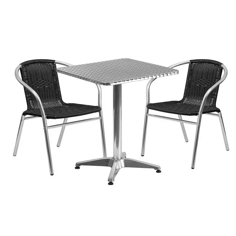 Flash Professional-Grade Furniture Lila 23.5'' Square Aluminum Indoor-Outdoor Table Set 2 Black Rattan Chairs, T...