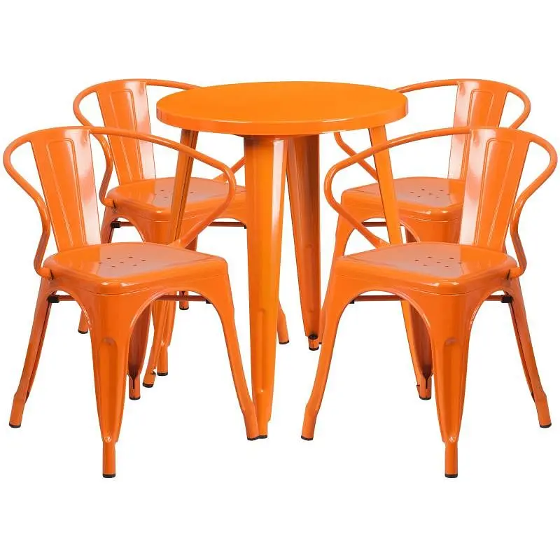 Flash Protected Furniture Chauncey Commercial Grade 24" Round Bright Orange Metal Indoor-Outdoor Table Set 4 Arm Chai...