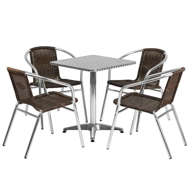 Flash Proven Furniture Lila 23.5'' Square Aluminum Indoor-Outdoor Table Set 4 Dark Brown Rattan Chairs, TLH-ALUM...