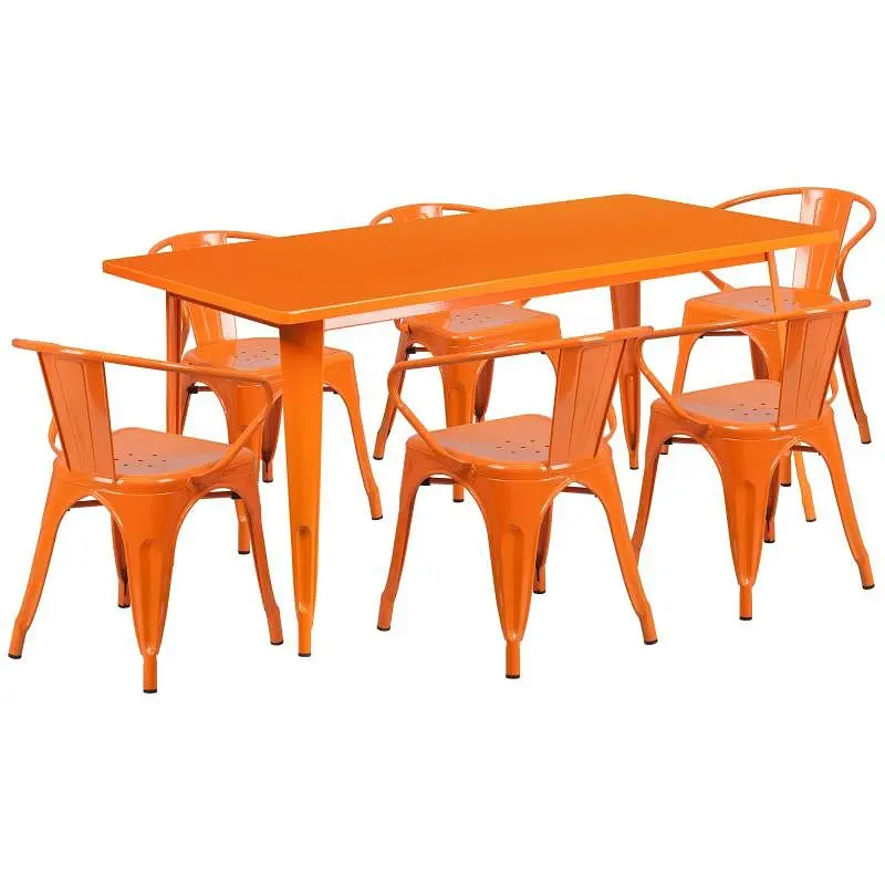 Flash Quality Furniture Oakley Commercial Grade 31.5" x 63" Rectangular Orange Metal Indoor-Outdoor Table Set 6 ...