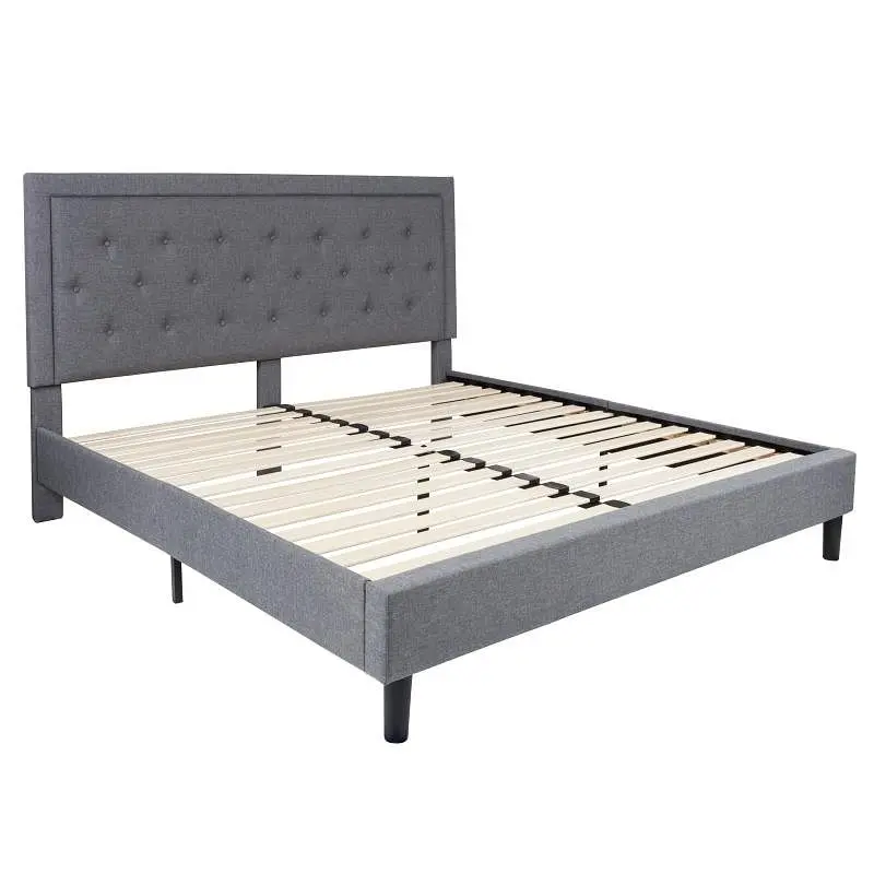 Flash Quality Furniture Roxbury King Size Tufted Upholstered Platform Bed Light Grey Fabric, SL-BK5-K-LG-GG Flash Furniture