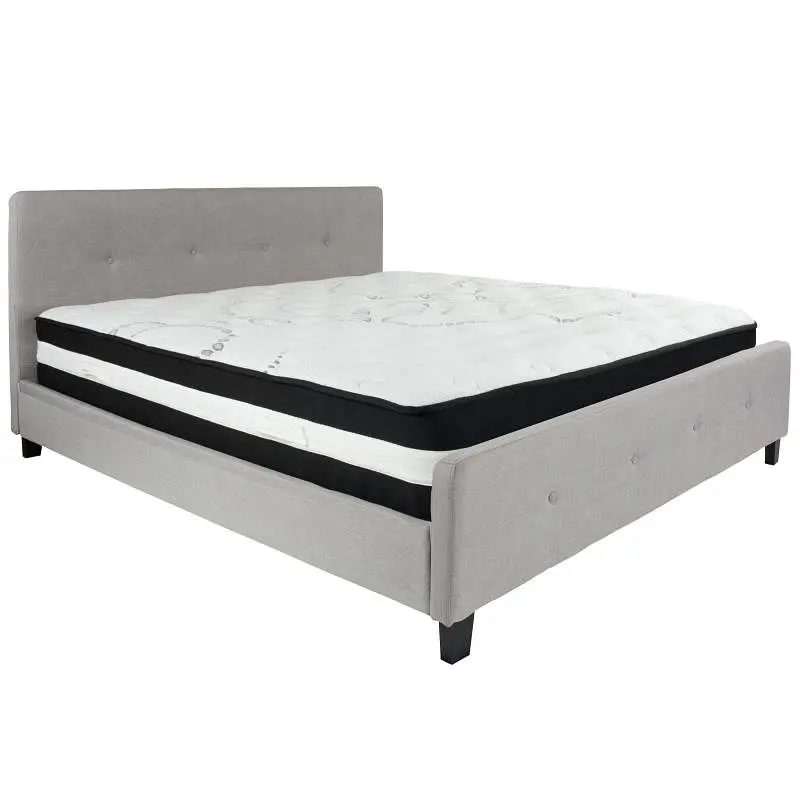Flash Quality Furniture Tribeca King Size Tufted Upholstered Platform Bed Light Grey Fabric Pocket Spring Mattress, HG-BM-...